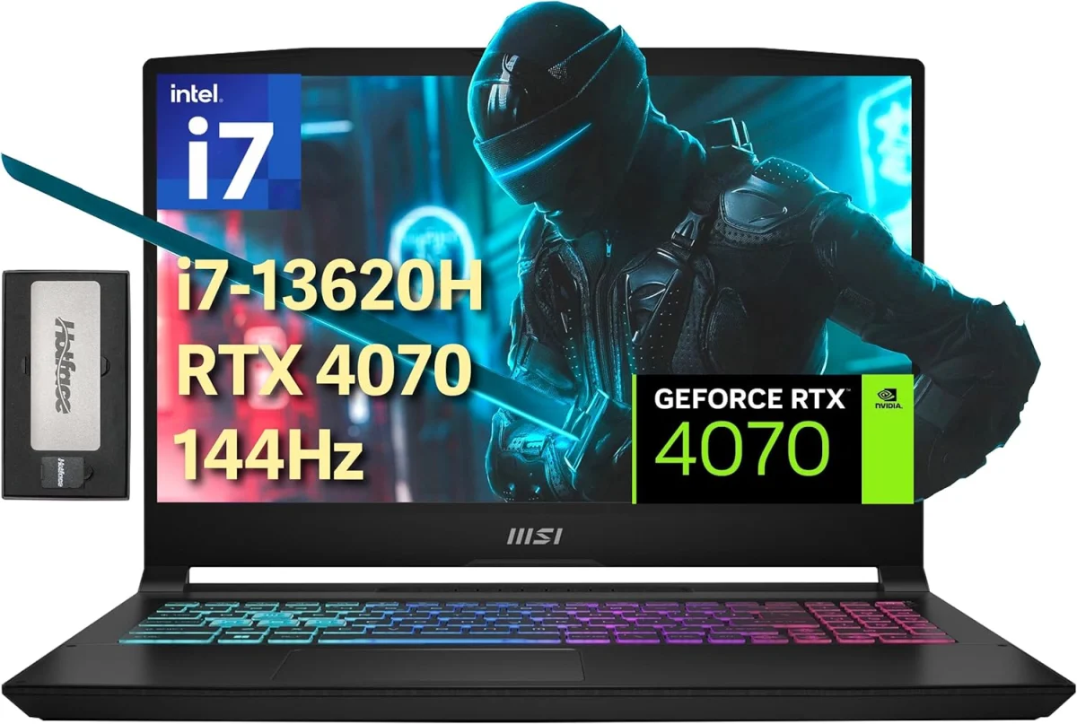 MSI لابتوب العاب كاتانا 15.6 انش 144Hz FHD، انتل i7-13620H، 16GB DDR5، 1TB PCIe SSD، كيبورد 4 مناطق RGB، لوحة ارقام، انفيديا جيفورس RTX 4070، ويندوز 11 برو، اسود، مجموعة قاعدة شحن 256GB