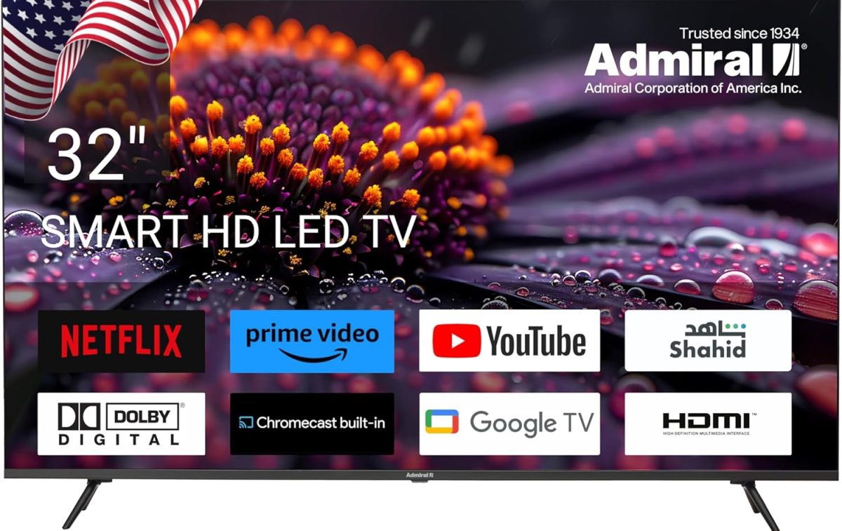 تلفزيون ذكي HD 32 بوصة من ادميرال، مزود بموصلات HDMI وUSB مع كروم كاست مدمج ونظام صوت دولبي وواجهة مستخدم سهلة وتصميم نحيف أسود، ADL32JMSACP