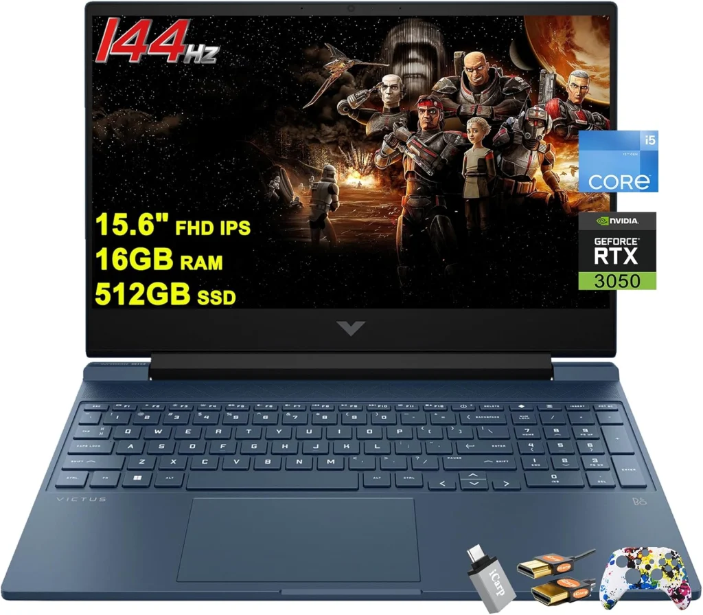HP لابتوب العاب فيكتوس 15 15.6 انش FHD IPS مضاد للتوهج 144Hz انتل ثماني النواة i5-12450H (افضل من i7-11800H) 16GB RAM 512GB SSD جيفورس RTX 3050 اضاءة خلفية بي اند او شحن سريع ويندوز 11 مع ملحقات اي سي