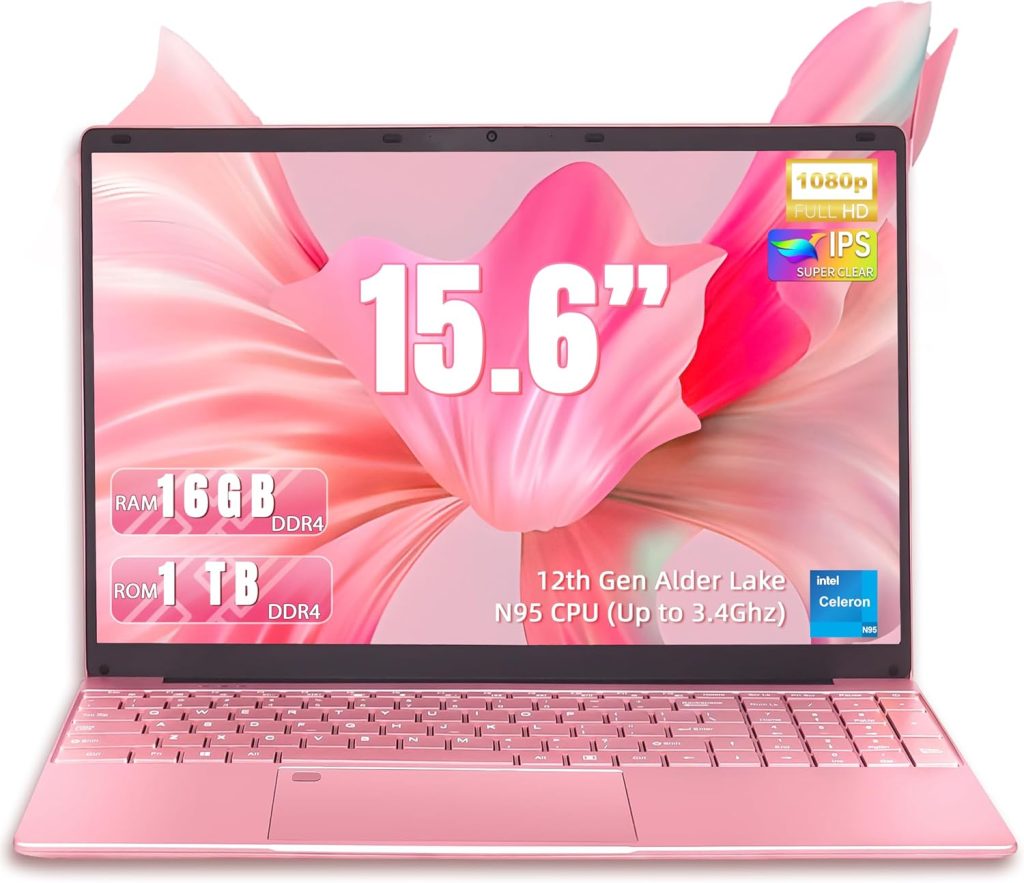 لابتوب اميتا 15.6 انش، الجيل 12 N95 (حتى 3.4GHz)، 16GB DDR4 RAM، 1TB NVME SSD، ويندوز 11 برو واوفيس 365، نوت بوك محمول مع كيبورد باضاءة خلفية، واي فاي ثنائي النطاق (16+1T)