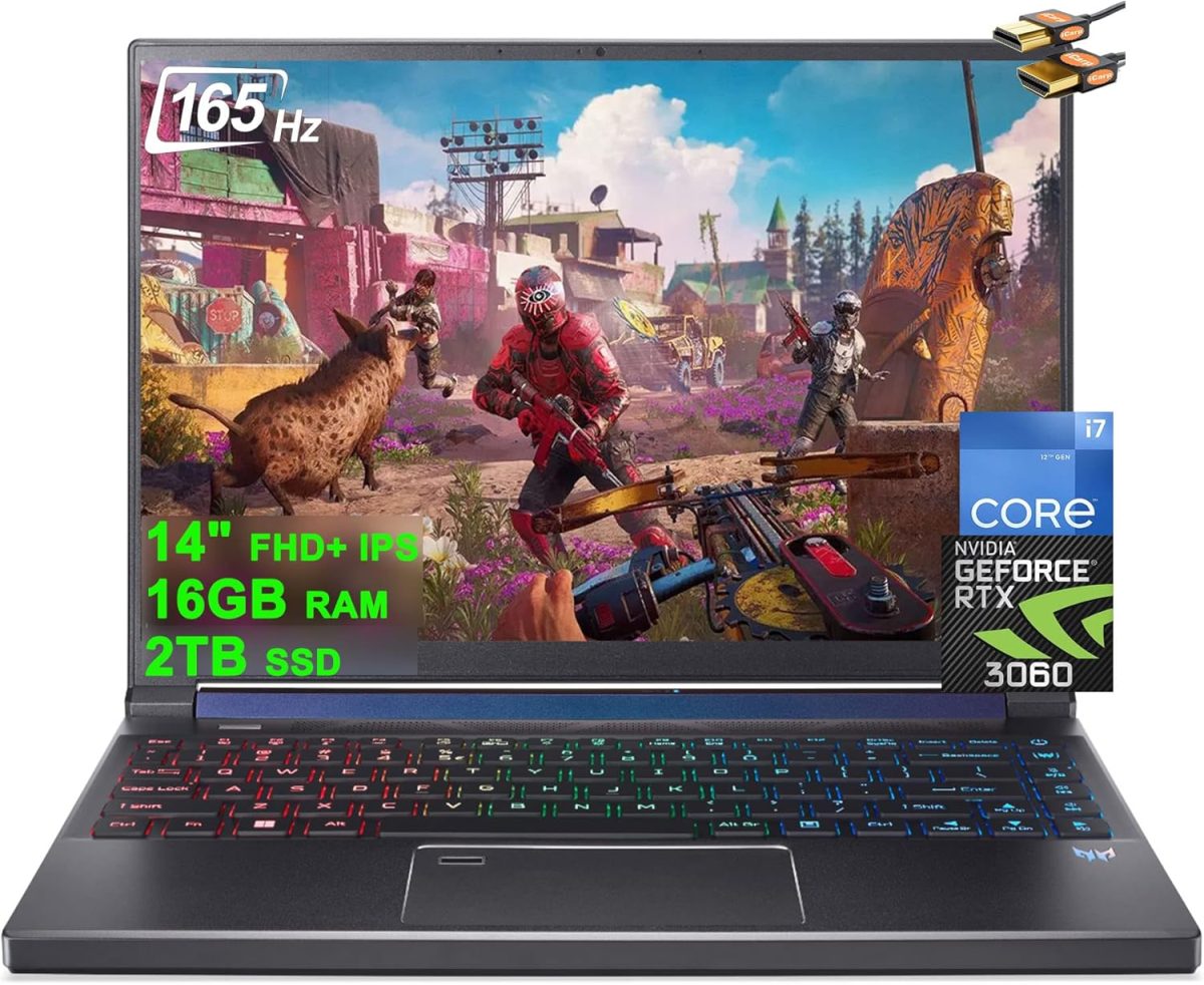 ايسر لابتوب العاب بريداتور تريتون 300 SE 14 14 انش FHD+ IPS 165Hz انتل 14-كور i7-12700H 16GB RAM 2TB SSD جيفورس RTX 3060 6GB RGB اضاءة خلفية بصمة الاصبع ثاندربولت ويندوز 11 اسود + كيبل HDMI