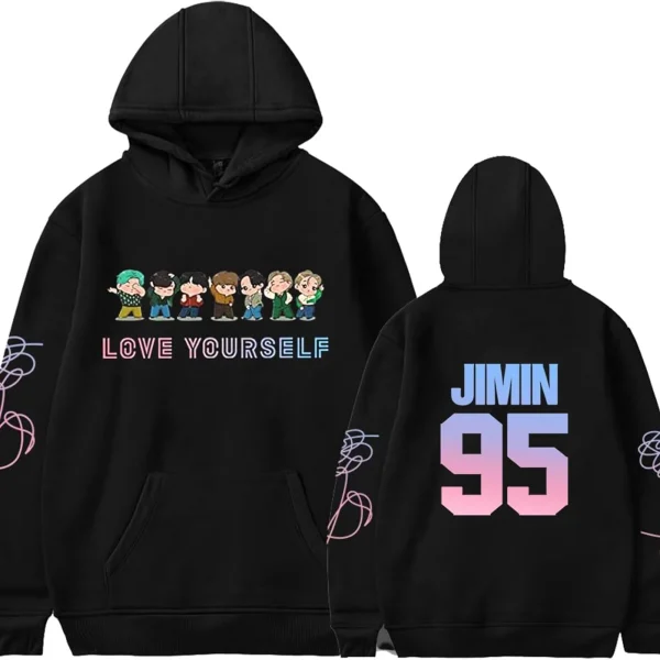 سويت شيرت بغطاء للرأس مطبوع عليه عبارة Love Yourself من كيه بوب سوجا جيمين جونغكوك على شكل حرف V