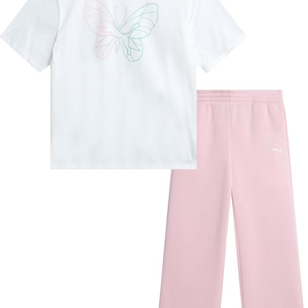 PUMA Girls' Pants Set - 2 Piece Short Sleeve Crewneck Fashion Graphic Tee Shirt and French Terry Flare Pants for Girls (7-14)
