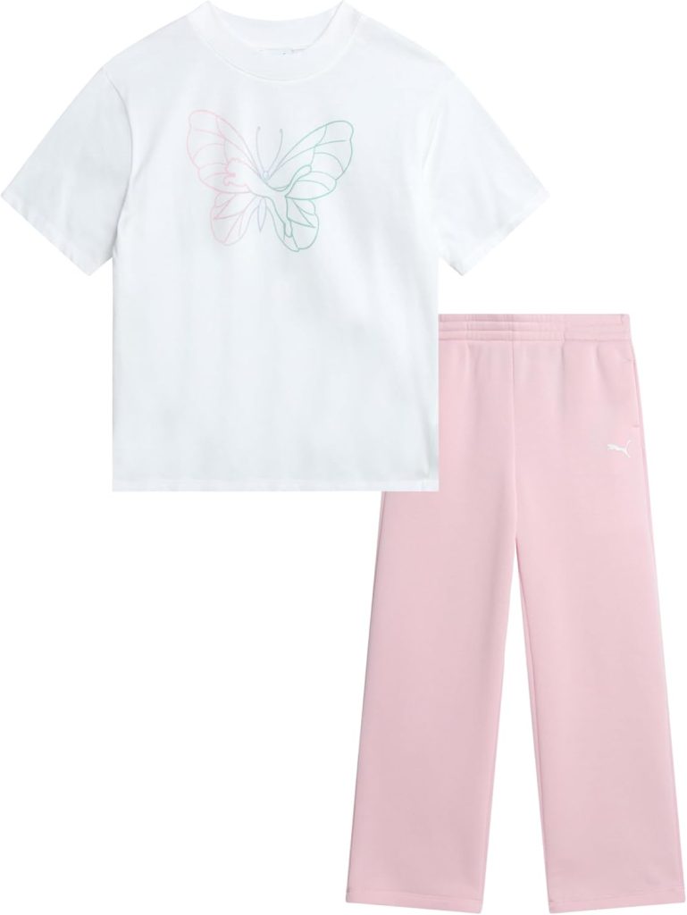 PUMA Girls' Pants Set - 2 Piece Short Sleeve Crewneck Fashion Graphic Tee Shirt and French Terry Flare Pants for Girls (7-14)