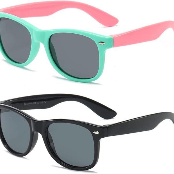 Kids Fashion Polarized Sunglasses, 2 Pack, UV Protection, Flexible Frame, Comfortable for Girls and Boys, Outdoor Activities