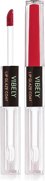 L&Wen 2 in 1 Velvet Matte Lip Gloss with Fixing Raincoat, Long Lasting Waterproof Double Head Lipstick Liquid, No Sticking Lip Makeup for Women Satin Red Currant 03#