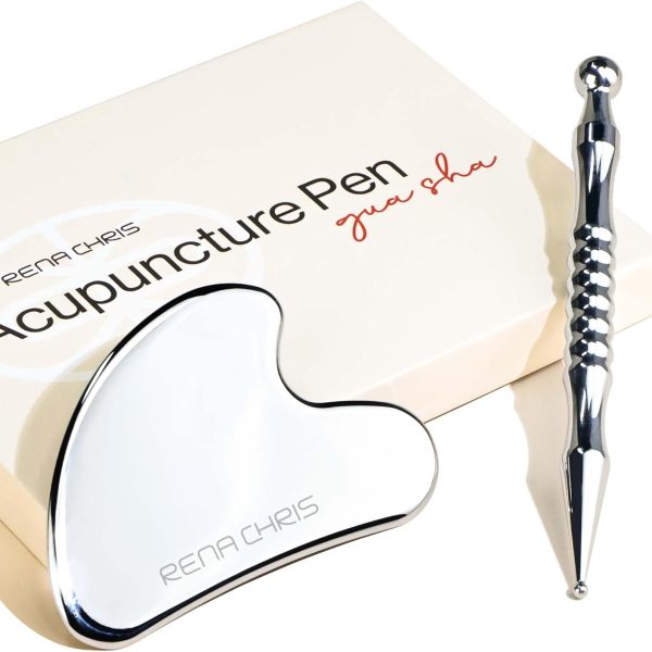 Rena Chris Stainless Steel Gua Sha and Acupuncture Pen, Manual Reflexology Tools for Muscle Tension and Pain Relief, Acupressure Pen and Gua Sha Set with Reflexology Chart, Easy to Use