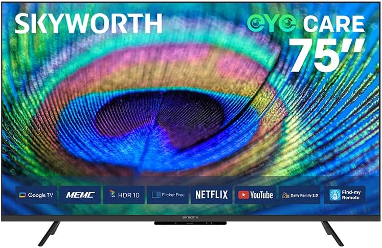 SKYWORTH 75G6500H 75-Inch 4K UHD LED Smart TV – Google TV, MEMC, Dolby Audio, Find-My Remote, EyeCare Tech, Daily Family 2.0, HDMI x3, USB x2, Built-in Receiver