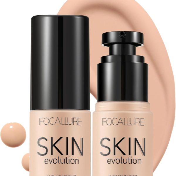 FOCALLURE 2 Pcs Liquid Foundation, Skin Evolution Foundation + Concealer, Full Coverage Foundation Makeup, Durable, Waterproof, Oil-Control, Hides Wrinkles & Lines, Porcelain