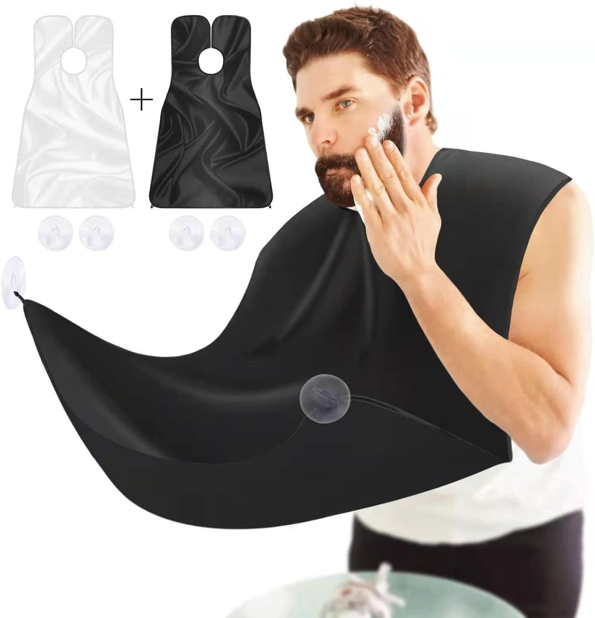 Azonee Beard Bib Beard Apron 2Pcs Beard Hair Catcher for Men Shaving Trimming Non-Stick Beard Cape Grooming Cloth Waterproof with Strong Suction Cup Best Gifts for Men（Black+White, One Size