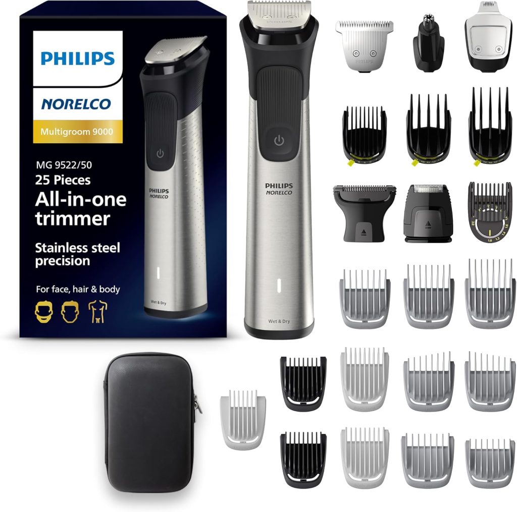 Norelco Philips Multigroom 9000 Series, All-in-One Trimmer, Beard Trimmer and Hair Clipper, 25-Piece/27-Length Men's Grooming Kit for Beard, Face, Nose, Ear and Body, Travel Kit, MG9522/50