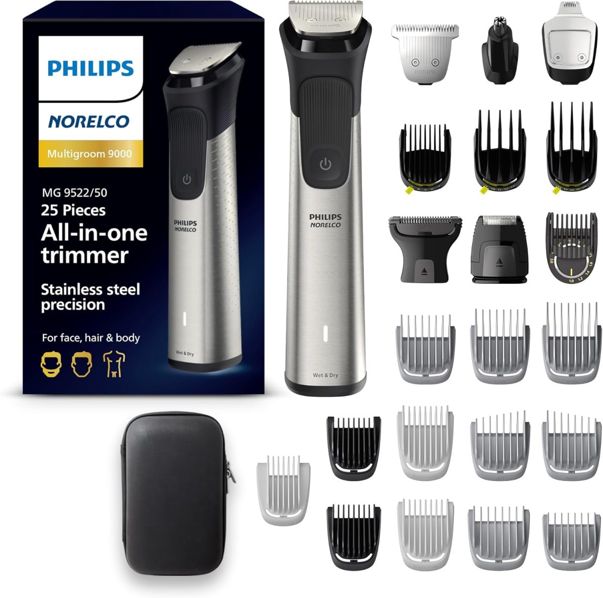 Norelco Philips Multigroom 9000 Series, All-in-One Trimmer, Beard Trimmer and Hair Clipper, 25-Piece/27-Length Men's Grooming Kit for Beard, Face, Nose, Ear and Body, Travel Kit, MG9522/50