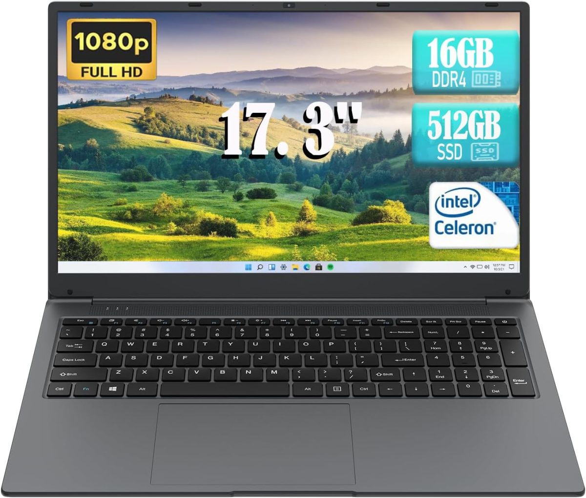 لابتوب اي جيه كيه كيه جيه اي بشاشة 17 انش ومعالج انتل سيليرون N5095 (حتى 2.9GHz) وRAM 16GB وSSD 512GB وويندوز 11 وشاشة 1920×1080 ومنفذ نوع C وكاميرا ويب وواي فاي مزدوج وبلوتوث 4.2 وHDMI وUSB 3.0