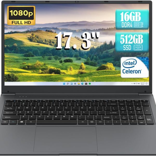 لابتوب اي جيه كيه كيه جيه اي بشاشة 17 انش ومعالج انتل سيليرون N5095 (حتى 2.9GHz) وRAM 16GB وSSD 512GB وويندوز 11 وشاشة 1920×1080 ومنفذ نوع C وكاميرا ويب وواي فاي مزدوج وبلوتوث 4.2 وHDMI وUSB 3.0