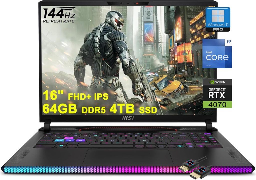 MSI لابتوب العاب GE68HX من رايدر، شاشة 16 انش FHD+ IPS 144Hz ومعالج انتل 24 كور i9-14900HX و64GB DDR5 و4TB SSD وبطاقة جيفورس RTX 4070 واضاءة خلفية RGB وثاندربولت 4 ديناوديو وكاميرا خصوصية FHD بالاشعة