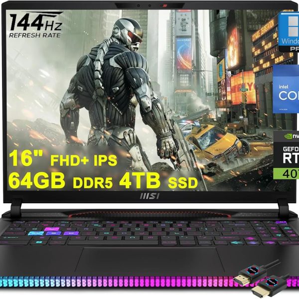 MSI لابتوب العاب GE68HX من رايدر، شاشة 16 انش FHD+ IPS 144Hz ومعالج انتل 24 كور i9-14900HX و64GB DDR5 و4TB SSD وبطاقة جيفورس RTX 4070 واضاءة خلفية RGB وثاندربولت 4 ديناوديو وكاميرا خصوصية FHD بالاشعة