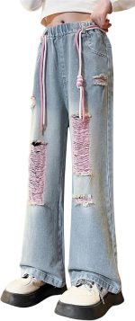 SEAUR Girls Jeans Loose Straight Denim Pants Elasticated Waist Baggy Trousers Fashion Casual Jeans Wide Leg with Multi Pockets For 5-14 Years Old