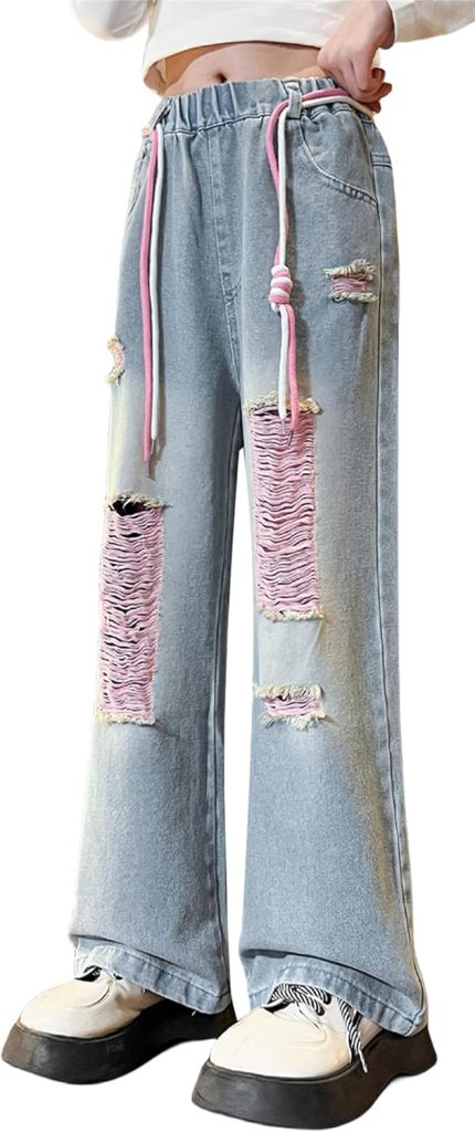 SEAUR Girls Jeans Loose Straight Denim Pants Elasticated Waist Baggy Trousers Fashion Casual Jeans Wide Leg with Multi Pockets For 5-14 Years Old