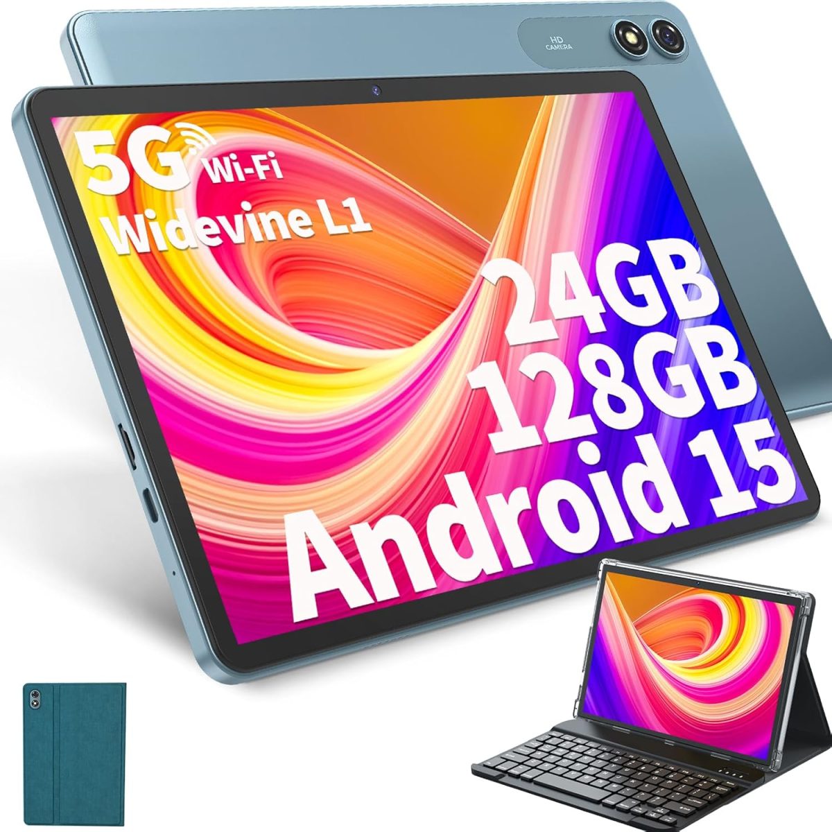 تابلت اندرويد 14 10 بوصة مع ذاكرة 24GB+128GB وتوسيع 1TB ثماني النواة وبطارية 8000mAh وواي فاي 5G وايدفاين L1 وجي ام اس، تابلت 2 في 1 مع لوحة مفاتيح وماوس وقلم من هيسورل