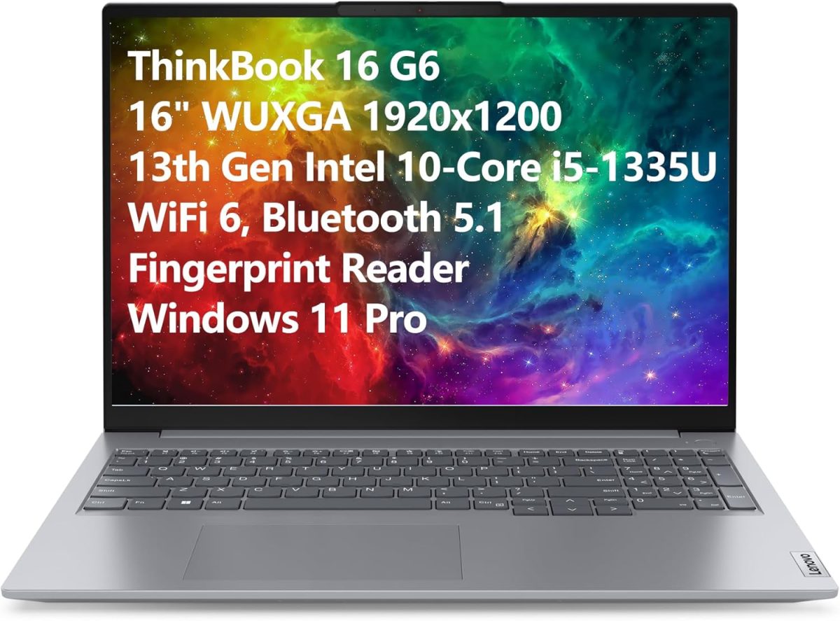 لينوفو لابتوب ثينك بوك 16 G6 بشاشة انش FHD+ ومعالج انتل i5-1335U 10 نواة جيل 13 افضل من i7-1270P وRAM DDR5 16GB وSSD PCIe 512GB وواي فاي 6 وبلوتوث 5.1 وقارئ بصمة وويندوز 11 برو وكيبل تيلسي