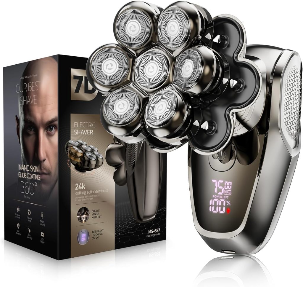 7D Head Shavers for Bald Men, Detachable Head Shaver LED Display Dry/Wet Bald Head Shavers for Men, IPX7 Waterproof Head Shavers for Men with Type-C Charge
