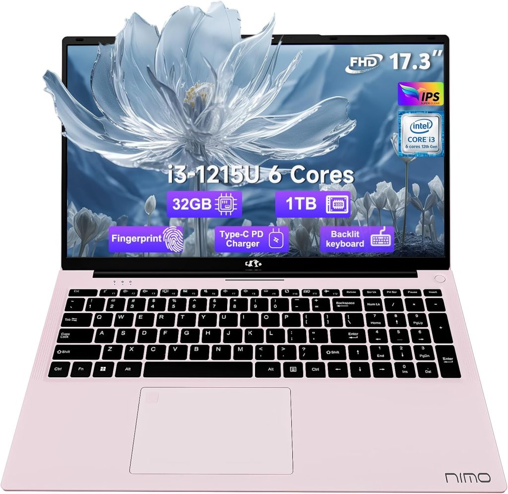 لابتوب FHD مقاس 17.3 انش وذاكرة RAM 32GB وSSD 1TB ومعالج انتل i3-1215U وكيبورد باضاءة خلفية وواي فاي 6 وبلوتوث 5.2 وويندوز 11 وبطارية 54 واط وكاميرا ويب 65 واط من النوع C وبصمة ارقام
