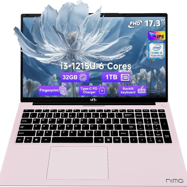 لابتوب FHD مقاس 17.3 انش وذاكرة RAM 32GB وSSD 1TB ومعالج انتل i3-1215U وكيبورد باضاءة خلفية وواي فاي 6 وبلوتوث 5.2 وويندوز 11 وبطارية 54 واط وكاميرا ويب 65 واط من النوع C وبصمة ارقام