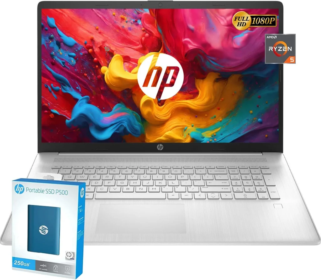 HP لابتوب جديد 2024 17 انش، معالج AMD رايزن 5 5500U سداسي النواة (بيت i7-1250U)، شاشة 17 انش FHD (1080p) IPS، ذاكرة RAM 32GB، SSD 1TB، قارئ بصمات الاصابع