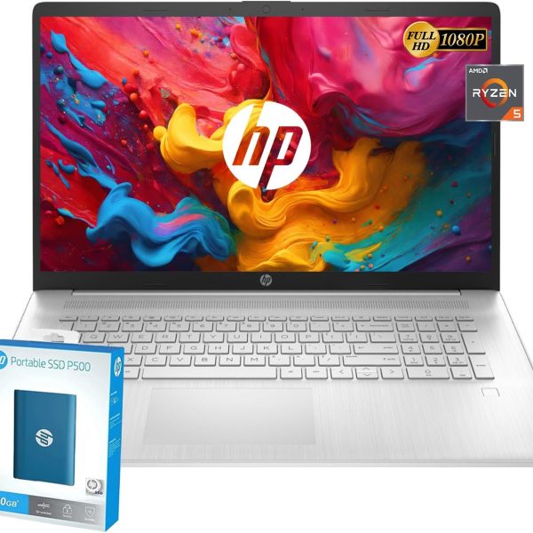 HP لابتوب جديد 2024 17 انش، معالج AMD رايزن 5 5500U سداسي النواة (بيت i7-1250U)، شاشة 17 انش FHD (1080p) IPS، ذاكرة RAM 32GB، SSD 1TB، قارئ بصمات الاصابع