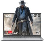 AOC لابتوب 2025 بمعالج AMD رايزن 7 5700U (8C/16T، حتى 4.3GHz)، شاشة 16.1 انش FHD 16GB RAM 512GB NVMe SSD، USB3.2، نوع C، واي فاي 6، بطارية 53Wh وكيبورد باضاءة خلفية