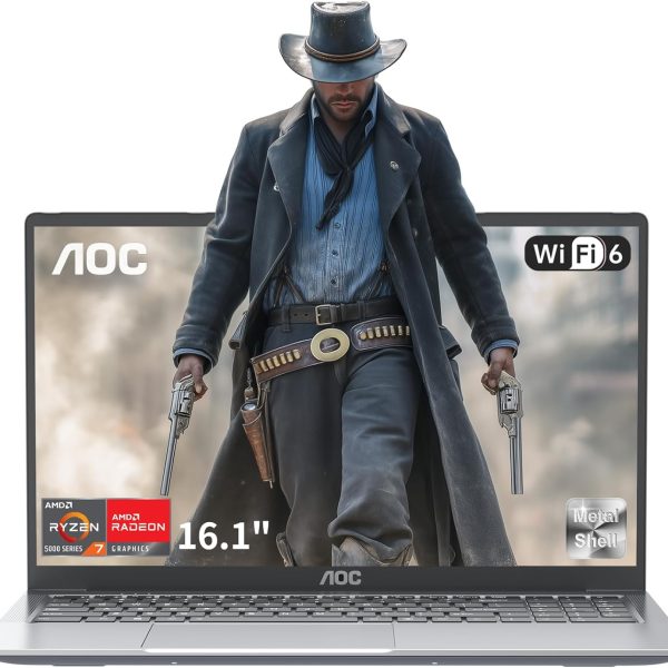 AOC لابتوب 2025 بمعالج AMD رايزن 7 5700U (8C/16T، حتى 4.3GHz)، شاشة 16.1 انش FHD 16GB RAM 512GB NVMe SSD، USB3.2، نوع C، واي فاي 6، بطارية 53Wh وكيبورد باضاءة خلفية