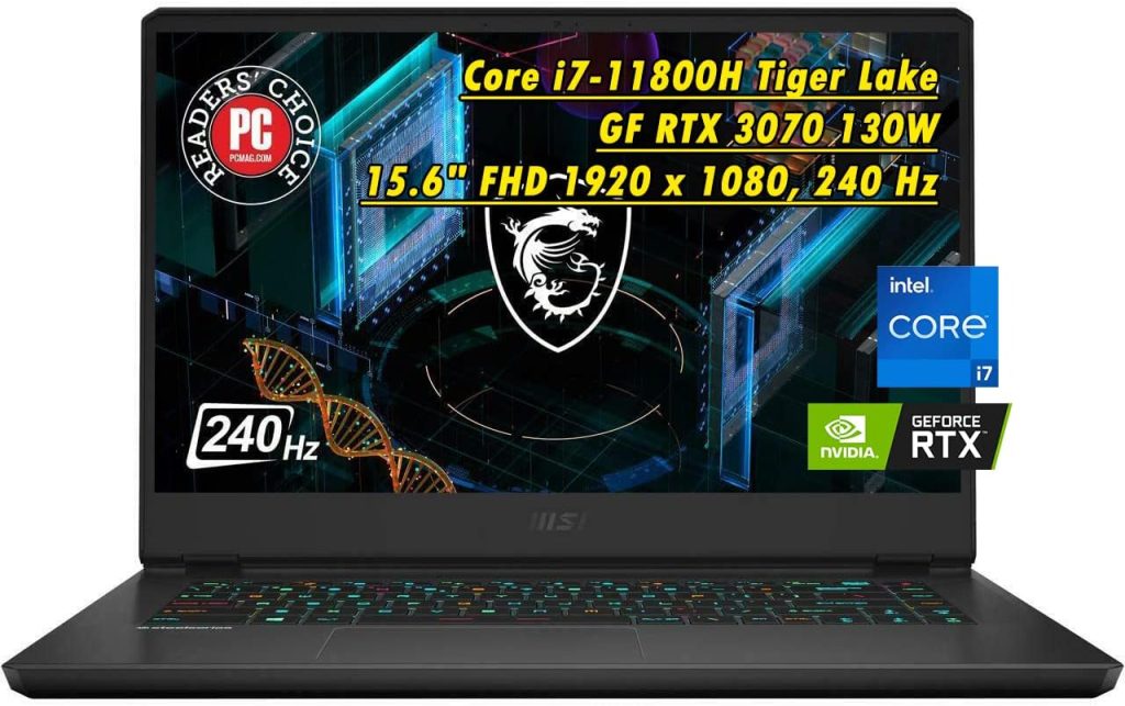لابتوب MSI GP66، كور i7-11800H 8 النواة تايجر ليك 4.6GHz وGF RTX 3070 130W وشاشة FHD 1920 x 1080 15.6 انش و240 Hz وواي فاي 6 وبلوتوث 5.2 وكيبورد باضاءة خلفية وويندوز 11 (16GB RAM|1TB PCIe SSD)