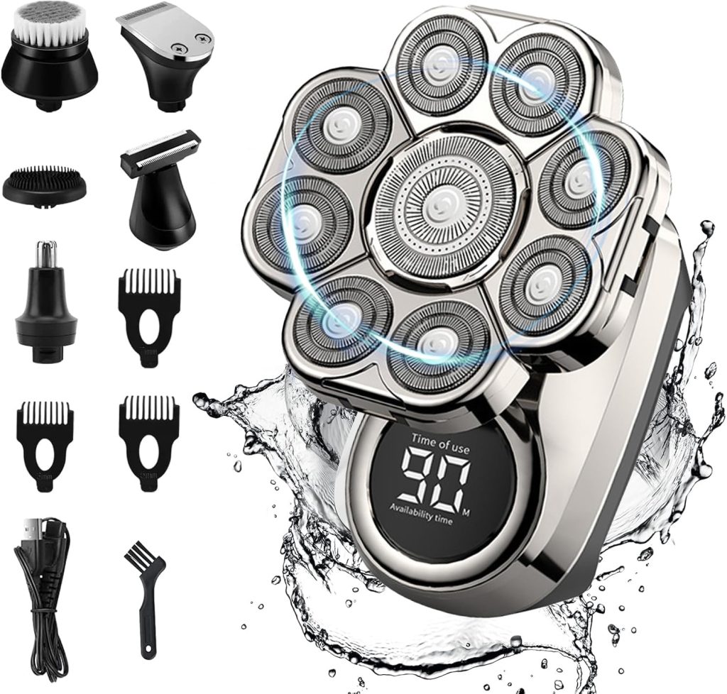 ماكينة حلاقة كهربائية 6 في 1 للرجال - ماكينة حلاقة راس 9D مع شاشة LED للرجال الصلع مقاومة للماء IPX6، ماكينة حلاقة دوارة قابلة لاعادة الشحن متعددة الوظائف لتشذيب شعر اللحية (فضي)