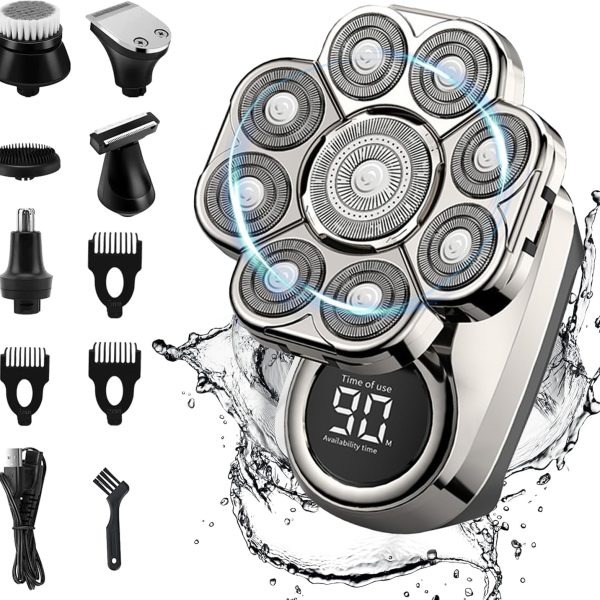 ماكينة حلاقة كهربائية 6 في 1 للرجال - ماكينة حلاقة راس 9D مع شاشة LED للرجال الصلع مقاومة للماء IPX6، ماكينة حلاقة دوارة قابلة لاعادة الشحن متعددة الوظائف لتشذيب شعر اللحية (فضي)