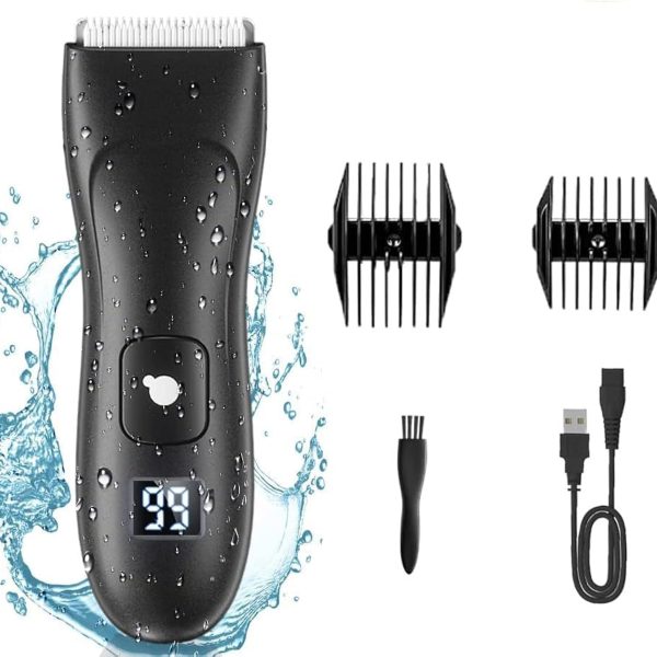 Body Trimmer for Men and Women, Ball Shaver, Electric Groin & Pubic Hair Trimmer, Waterproof Wet/Dry Groomer, Replaceable Ceramic Male Hygiene Razor Clippers, Standing Recharge Dock (030)