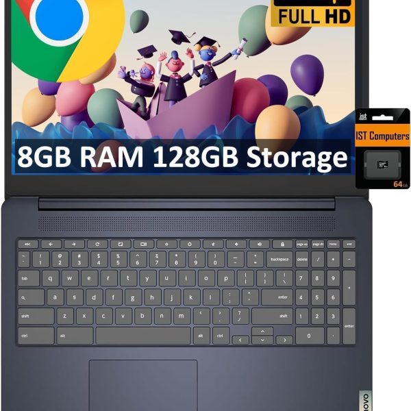 لابتوب لينوفو كروم بوك 15 (15.6 انش FHD، ذاكرة RAM 8GB، تخزين 128GB (64GB eMMC + بطاقة SD 64GB)، تخزين سحابي 2TB، انتل سيليرون)، لابتوب للمنزل والطلاب، كاميرا ويب، بطارية تدوم 10 ساعات، واي فاي 6