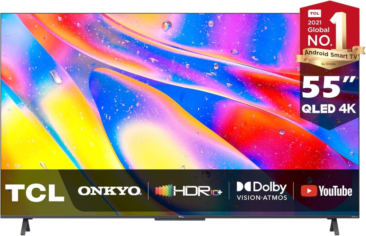 تلفزيون تي سي ال مقاس 55 بوصة 4K بتقنية QLED ومزود بخاصية HDR معتمد من اندرويد بدون اطار معدني معالج ام اي تحكم استخدام اليدين - 55C725 (موديل عام 2021) أسود