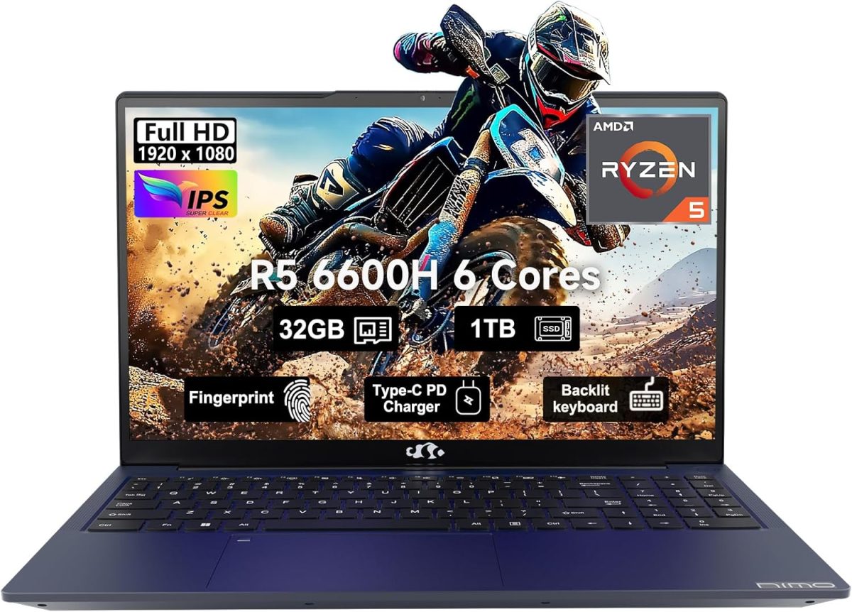 NIMO 15.6 Gaming-Laptop, 6-Cores AMD Ryzen 5 6600H 660M 6nm GPU, 32GB DDR5 1TB SSD(up to 4.5GHz) 100W Type-C FHD IPS Business-Laptop-Computer with Fingerprint Backlit Keyboard WiFi5 Win11