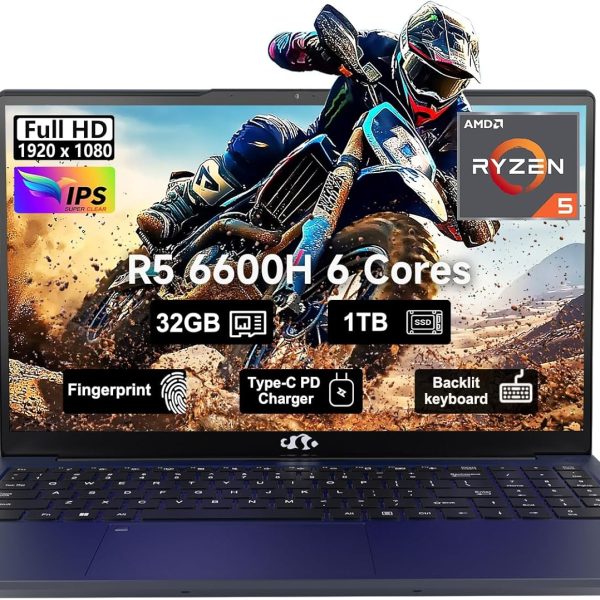 NIMO 15.6 Gaming-Laptop, 6-Cores AMD Ryzen 5 6600H 660M 6nm GPU, 32GB DDR5 1TB SSD(up to 4.5GHz) 100W Type-C FHD IPS Business-Laptop-Computer with Fingerprint Backlit Keyboard WiFi5 Win11