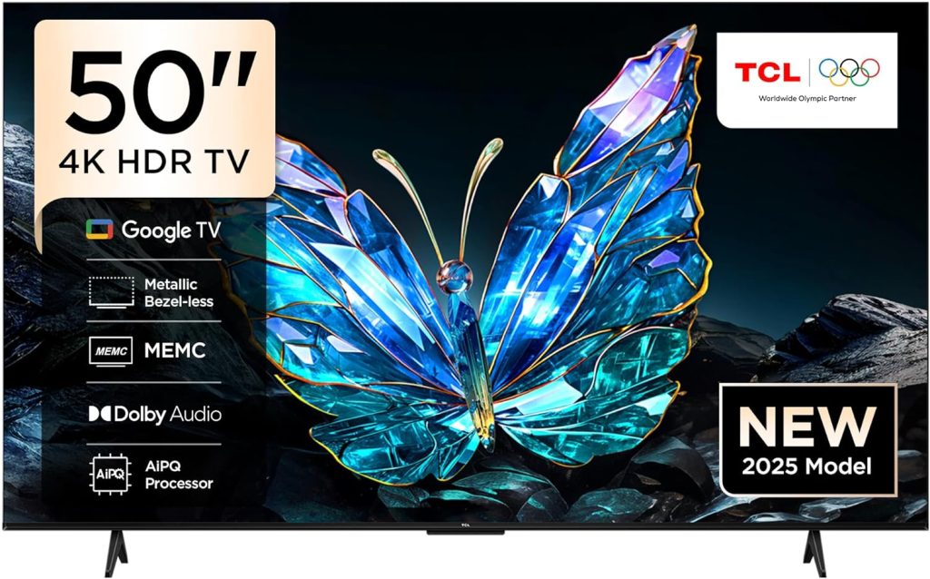 تلفزيون ذكي 50 بوصة 50V6C بدقة 4K UHD HDR 10+ للألعاب جوجل تي في تحسين اللون الديناميكي ودولبي فيجن اتموس ودي تي اس فيرتشوال اكس وتقنية MEMC وتحكم صوتي بخاصية جيم ماستر بتصميم نحيف من تي سي ال