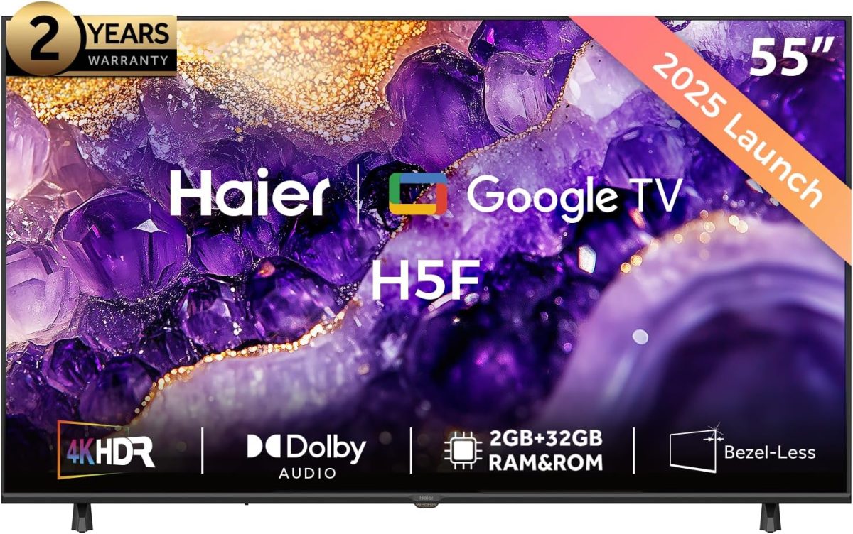 تلفزيون سمارت جوجل 55 بوصة طراز H55H5F بدقة 4K UHD، صوت دولبي، HDR 10، معالج ألعاب MEMC، ذاكرة رام/ روم 2+32 جيجابايت، معدل تحديث متغير، وقت استجابة منخفض تلقائي، تصميم بدون حواف، أسود، من هايير