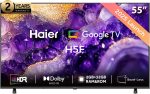 تلفزيون سمارت جوجل 55 بوصة طراز H55H5F بدقة 4K UHD، صوت دولبي، HDR 10، معالج ألعاب MEMC، ذاكرة رام/ روم 2+32 جيجابايت، معدل تحديث متغير، وقت استجابة منخفض تلقائي، تصميم بدون حواف، أسود، من هايير