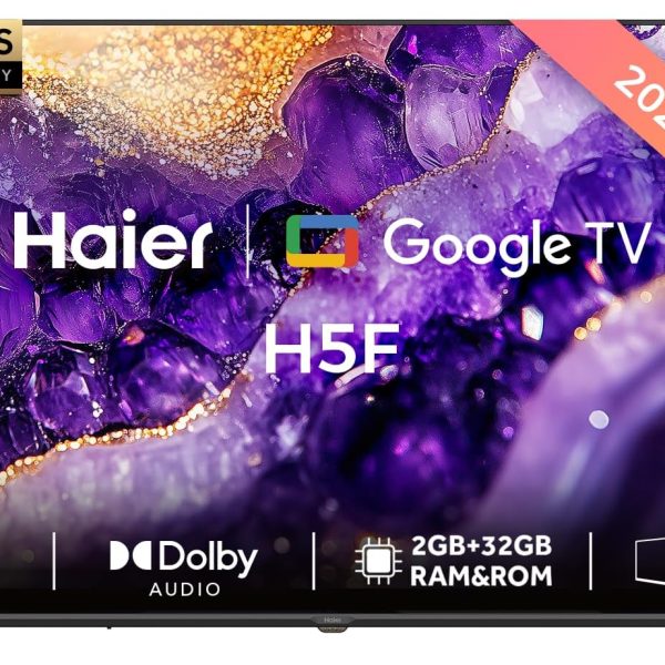 تلفزيون سمارت جوجل 55 بوصة طراز H55H5F بدقة 4K UHD، صوت دولبي، HDR 10، معالج ألعاب MEMC، ذاكرة رام/ روم 2+32 جيجابايت، معدل تحديث متغير، وقت استجابة منخفض تلقائي، تصميم بدون حواف، أسود، من هايير