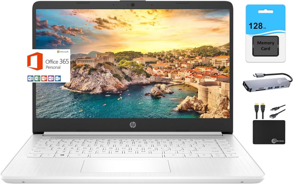 HP احدث لابتوب رفيع وخفيف 14 انش HD للطلاب والاعمال، انتل رباعي النواة N4120، ذاكرة RAM 8GB، 192GB (64GB eMMC + 128GB SD)، كاميرا ويب، واي فاي، بطارية طويلة، ويندوز 11S + سنة اوفيس 365، ابيض + ملحق