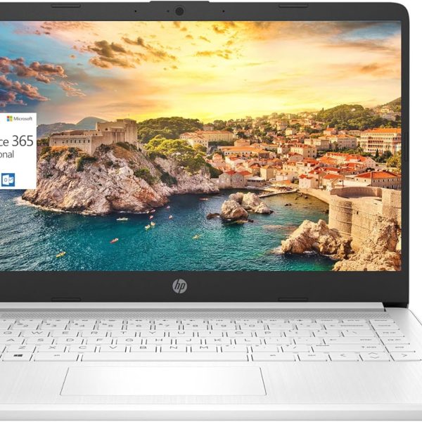 HP احدث لابتوب رفيع وخفيف 14 انش HD للطلاب والاعمال، انتل رباعي النواة N4120، ذاكرة RAM 8GB، 192GB (64GB eMMC + 128GB SD)، كاميرا ويب، واي فاي، بطارية طويلة، ويندوز 11S + سنة اوفيس 365، ابيض + ملحق