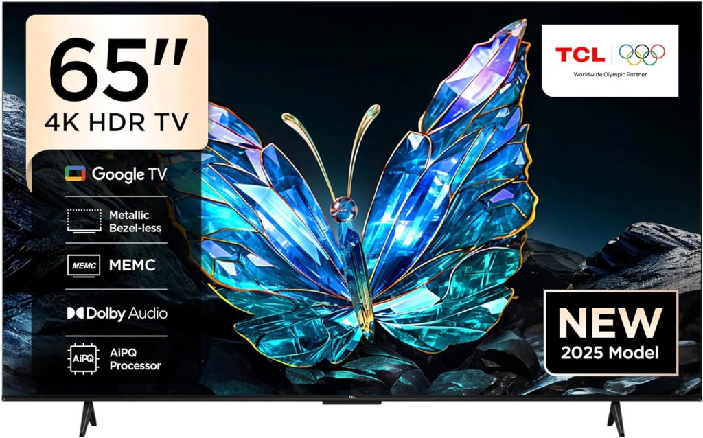 تلفزيون ذكي 65 بوصة 65V6C بدقة 4K UHD HDR 10+ للألعاب جوجل تي في تحسين اللون الديناميكي ودولبي فيجن اتموس ودي تي اس فيرتشوال اكس وتقنية MEMC وتحكم صوتي جيم ماستر بتصميم نحيف من تي سي ال (موديل 2025)
