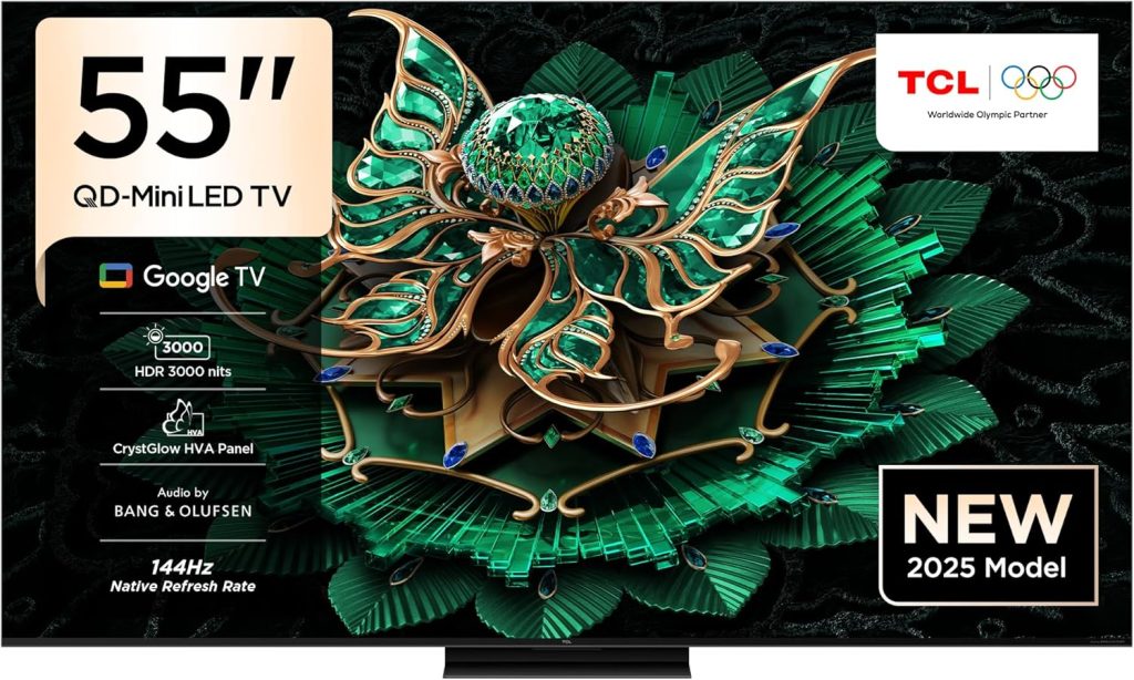 TCL Television 55 Inch Smart TV 4K QD-Mini LED Colorful Quantum Crystal HDR 2600nits Gaming Google TV, 144Hz Native Refresh Rate, Audio by Bang & Olufsen, Dolby Atmos, Game Master-55C7K (2025 Model)