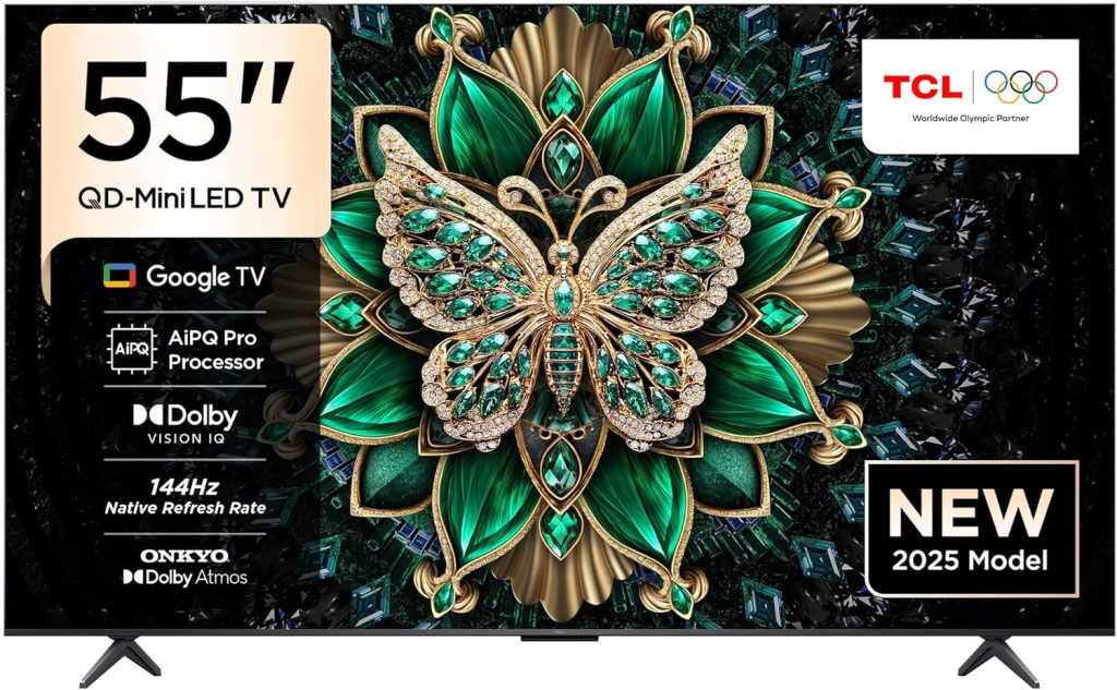 تلفزيون ذكي 55 بوصة 4K كيو دي ميني ليد كريستال كوارتز ملون بخاصية اتش دي ار 10+ لألعاب جوجل تي في، معدل تحديث 144 هرتز واونكيو 2.1 هاي-فاي ودولبي اتموس، ذكاء اصطناعي وجيم ماستر 55C6K من تي سي ال 2025