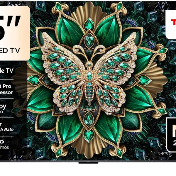 تلفزيون ذكي 55 بوصة 4K كيو دي ميني ليد كريستال كوارتز ملون بخاصية اتش دي ار 10+ لألعاب جوجل تي في، معدل تحديث 144 هرتز واونكيو 2.1 هاي-فاي ودولبي اتموس، ذكاء اصطناعي وجيم ماستر 55C6K من تي سي ال 2025