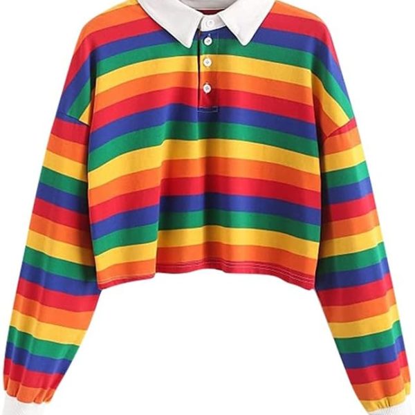 HOT BODY Womens Hoodies Women's Lapel Sweatshirt Rainbow Stripy Button Long-sleeve Pullover Autumn Sweatshirt Jacket Hoodies and Sweatshirts (Color : A, Size : L)